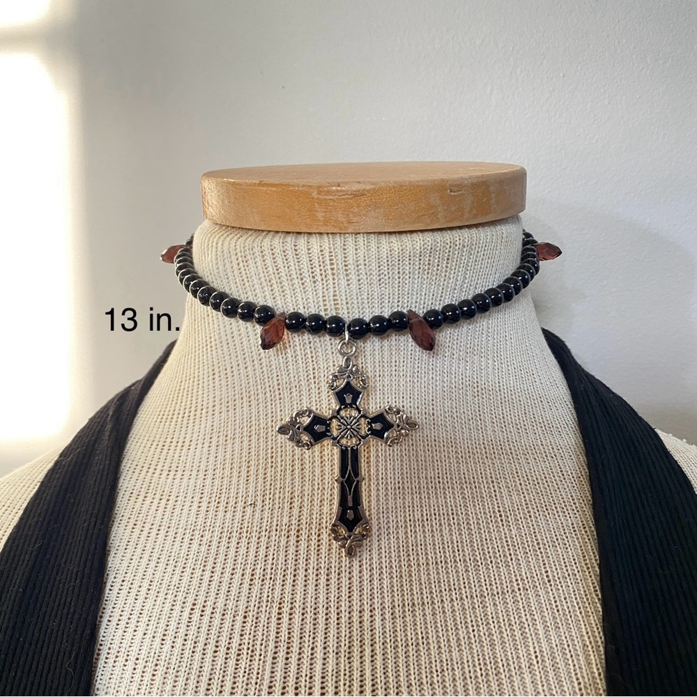Black and Brown Beaded Cross Necklace